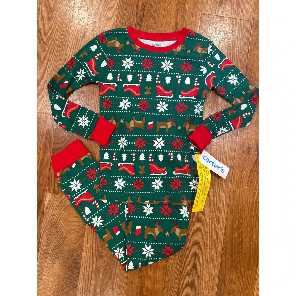 Carter's Pajamas Kids Size 7 Green Christmas Reindeer Sleigh 2-Piece Set NWT